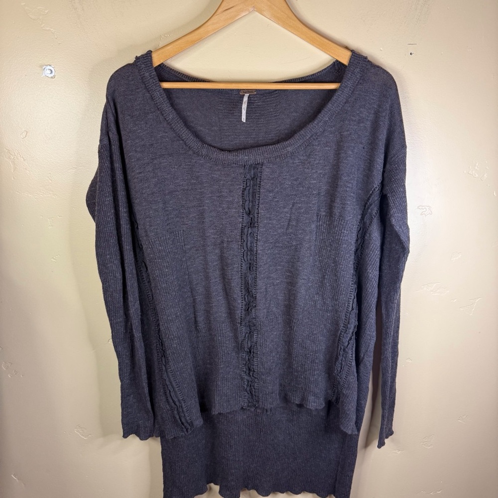 Free People Lace Road Linen Blend High Low Size Small Boho Top Gray Lagenlook